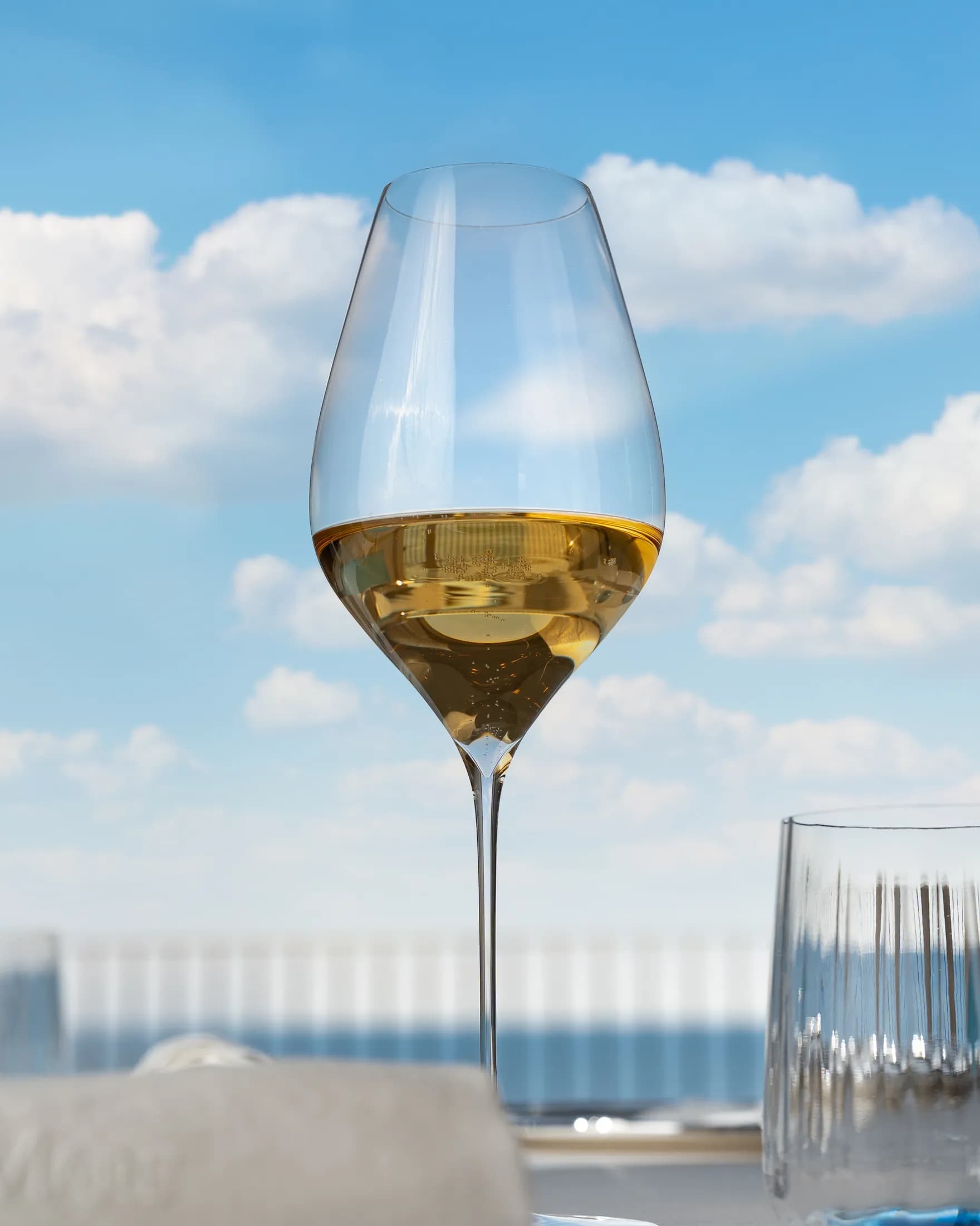 Calice di vino bianco con il mare sullo sfondo a Casanova.