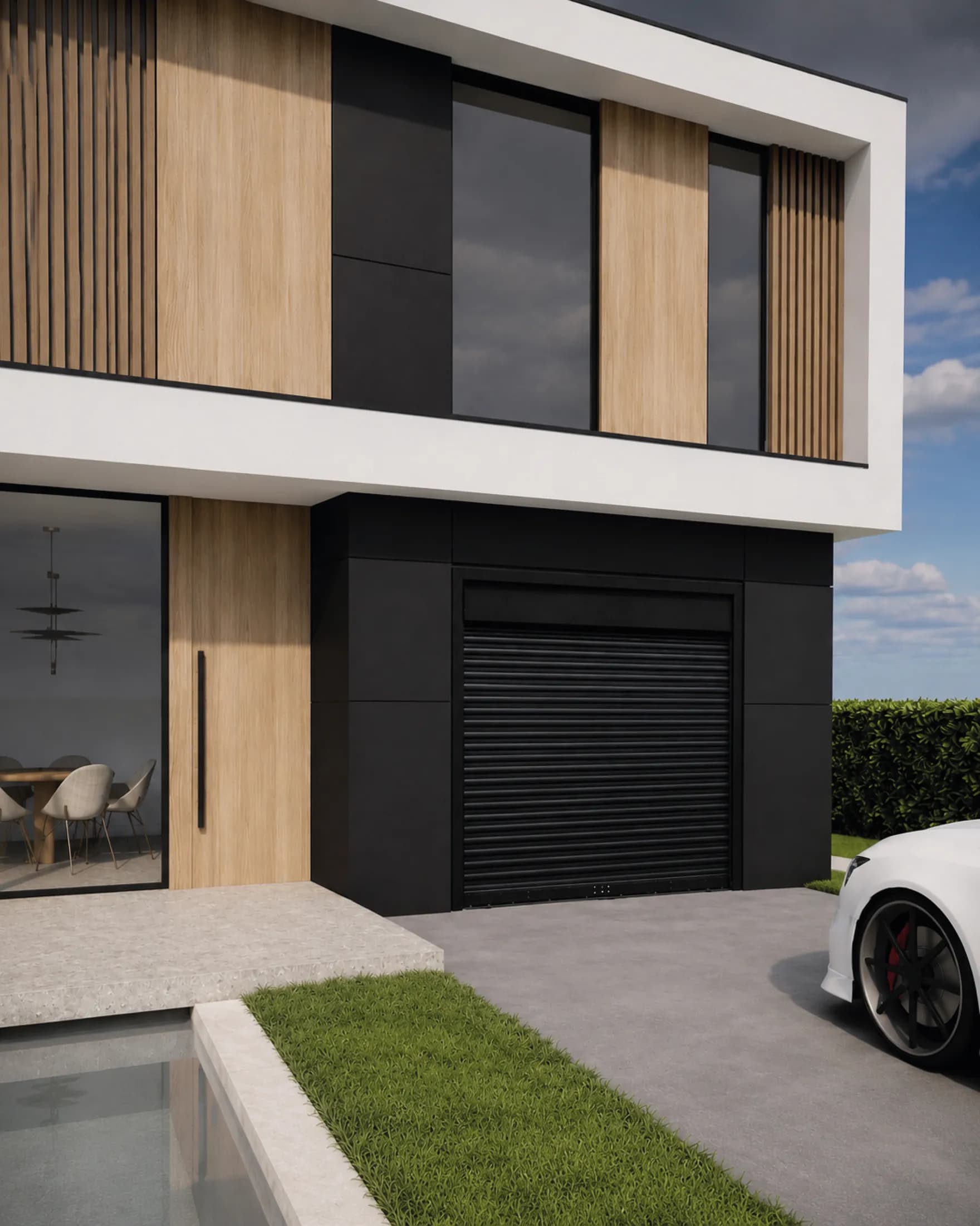 Render di villa moderna con serranda scura a scomparsa.
