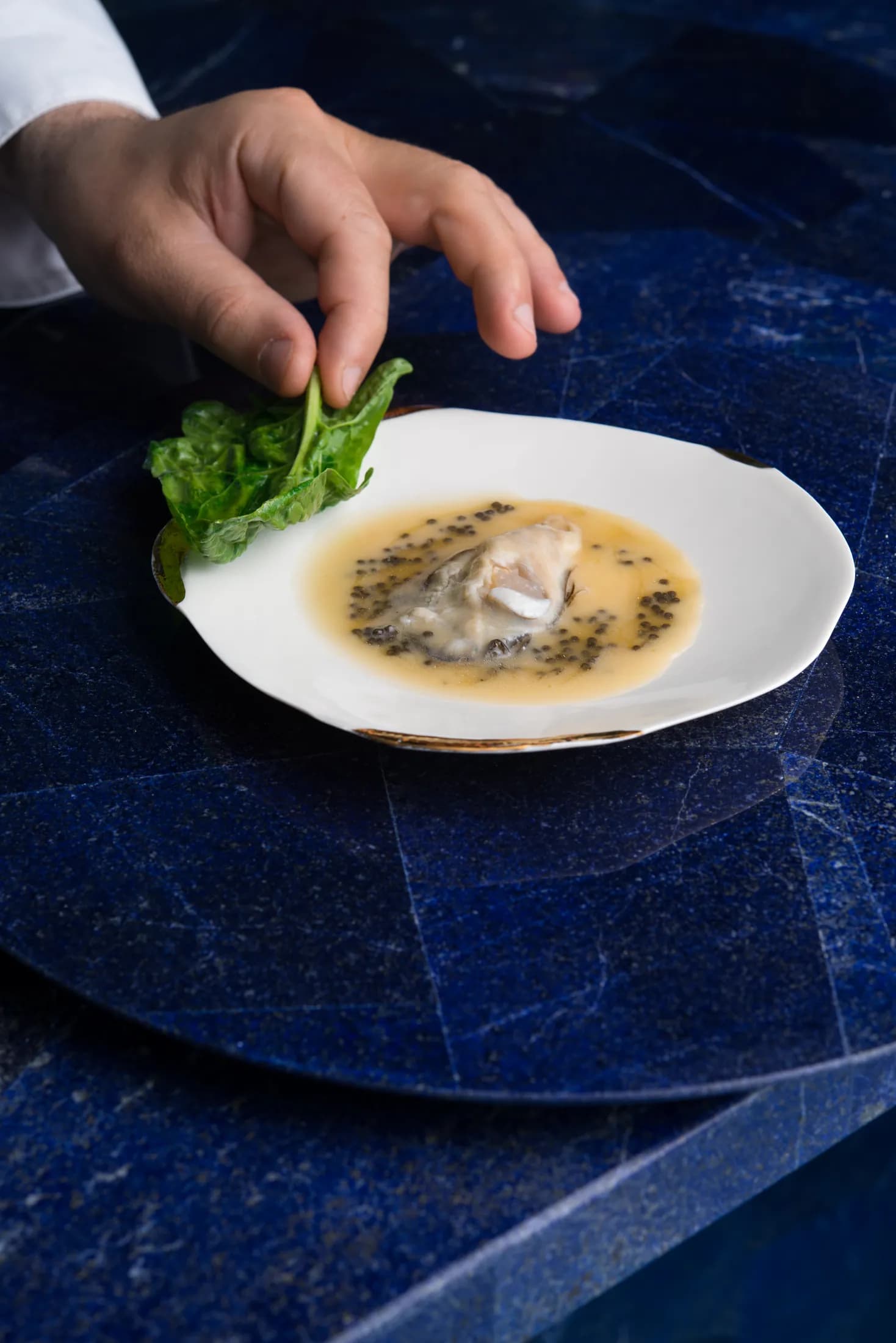 Mano dello chef che completa un piatto su piano blu lapislazzuli.